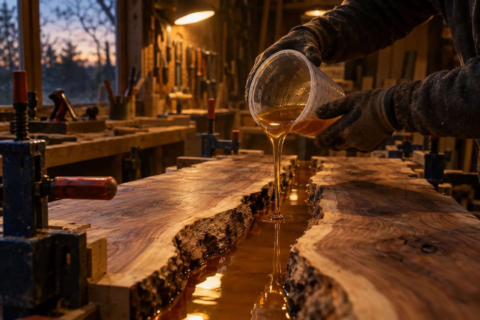 Amber epoxy resin being poured between two live edge slabs in the workshop